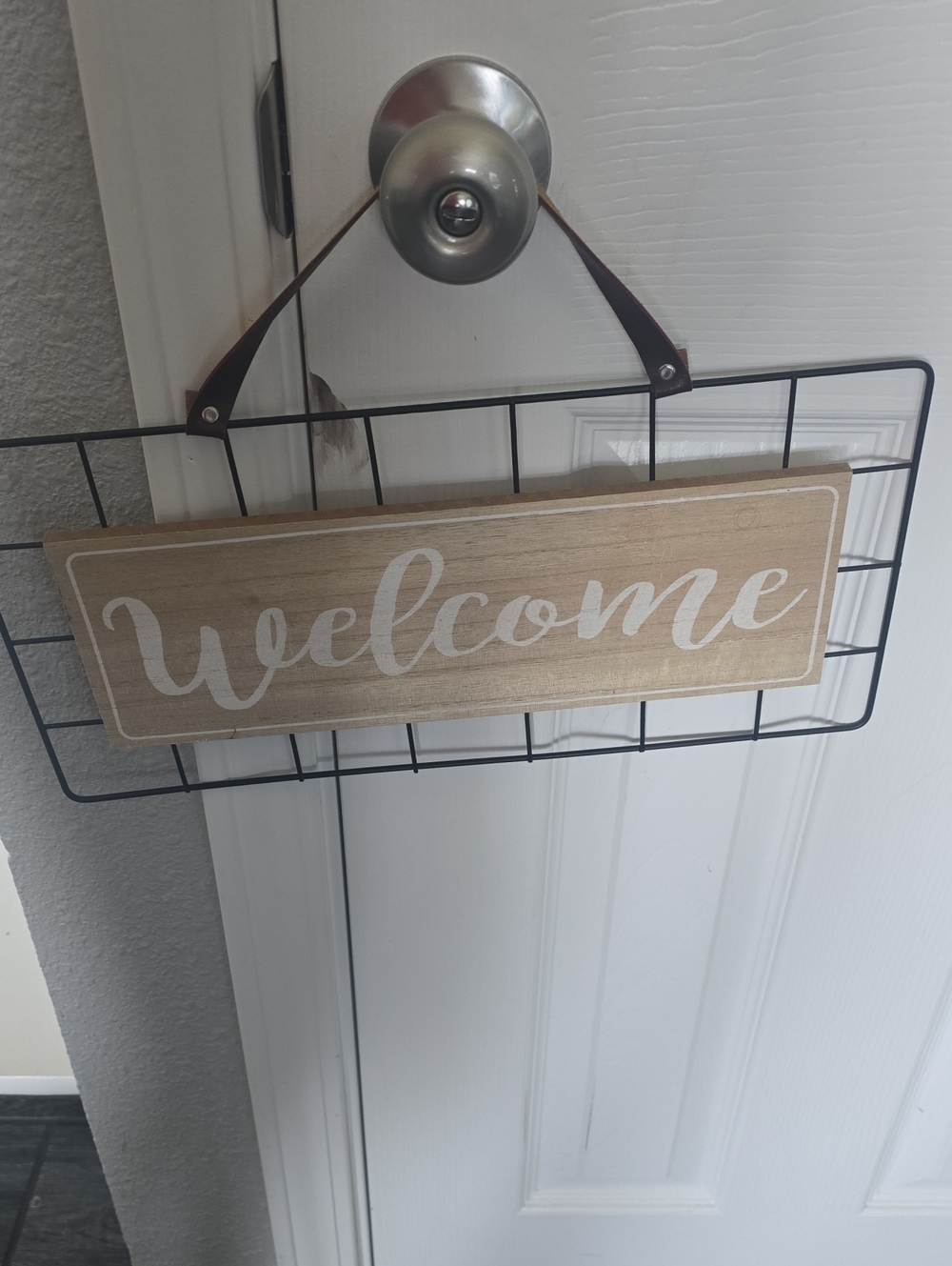 Welcome Wooden Sign with Black Wire Basket